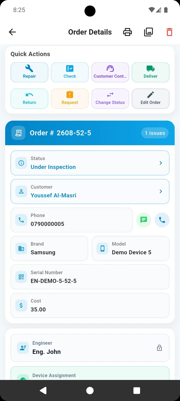 Edaraat uygulamasında cihaz detayları ve hızlı işlemler