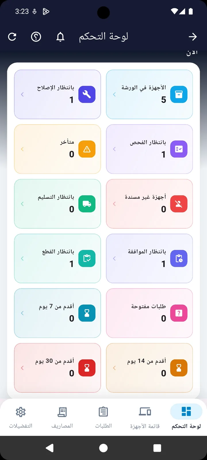 لوحة تحكم تطبيق إدارات تعرض حالة الأجهزة في ورشة الصيانة